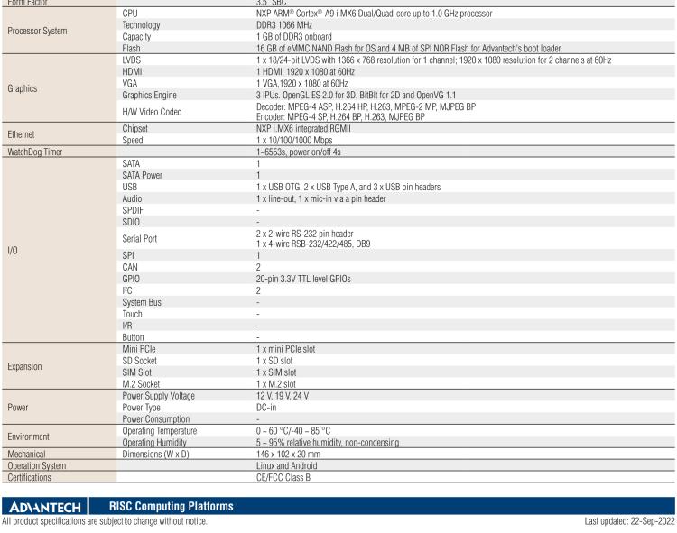 研華RSB-4411 基于NXP ARM Cortex-A9 i.MX6的3.5寸單板