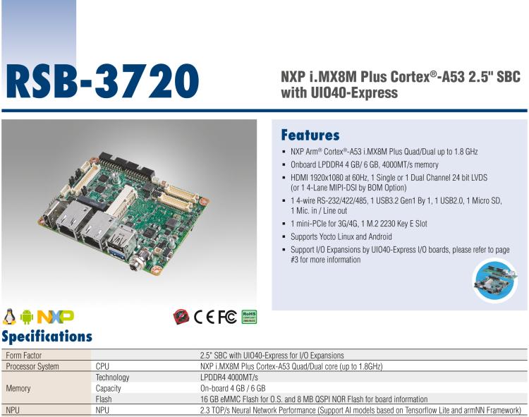 研華RSB-3720 NXP i.MX8M Plus Cortex?-A53 2.5" 單板電腦