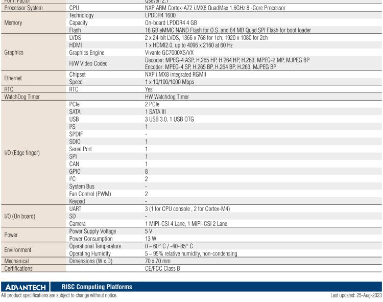 研華ROM-7720 基于NXP i.MX 8QM Qseven Arm核心模塊，多核異構(gòu)，具備優(yōu)異的計(jì)算及圖形顯示性能