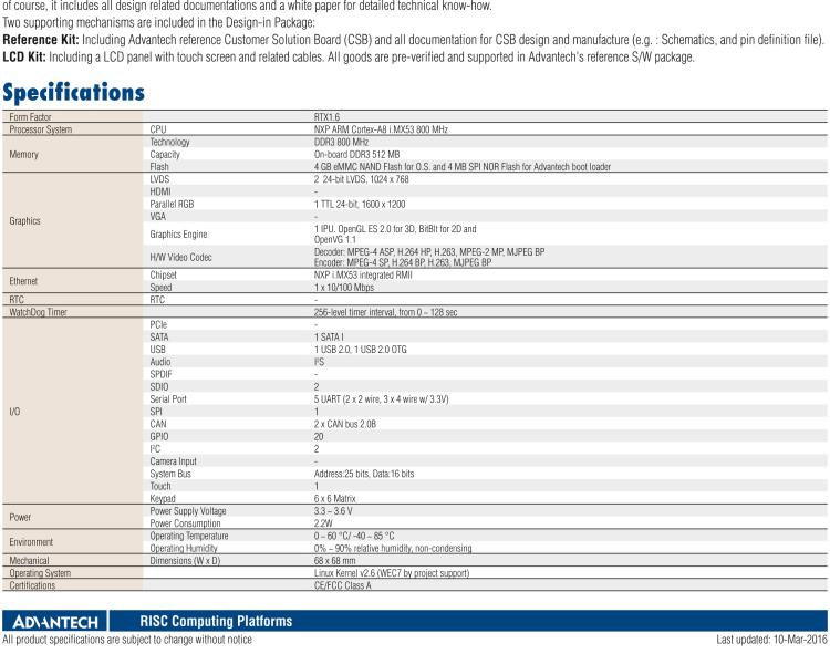 研華ROM-1210 基于NXP ARM Cortex?-A8 i.MX53 1GHz高性能處理器的RTX核心模塊，低功耗