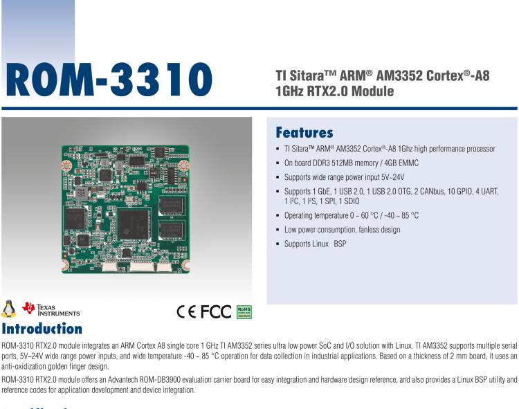 研華ROM-3310 基于TI AM3352 Cortex A8 1GHz RTX 2.0 的標準核心板，適用于寬溫抗震等工業(yè)自動化領(lǐng)域