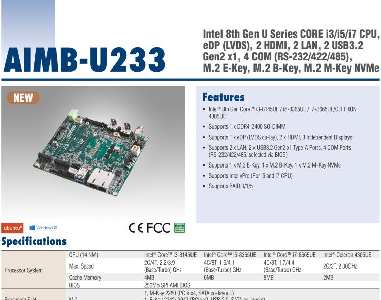 研華AIMB-U233 板載Intel 第8代 U系列 Core i3/i5/i7 處理器。低功耗高性能，無風扇設計。