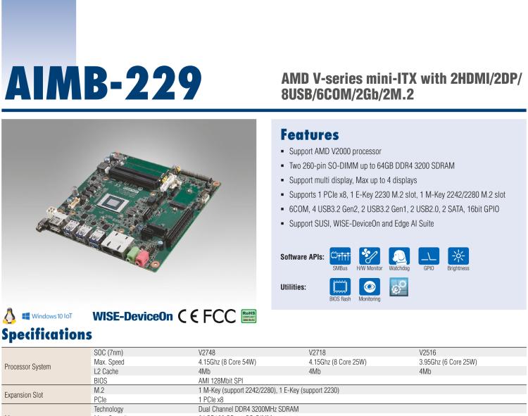 研華AIMB-229 板載AMD V2000系列8核/16線程CPU。視頻圖像處理性能強勁，接口豐富，超薄緊湊設(shè)計。