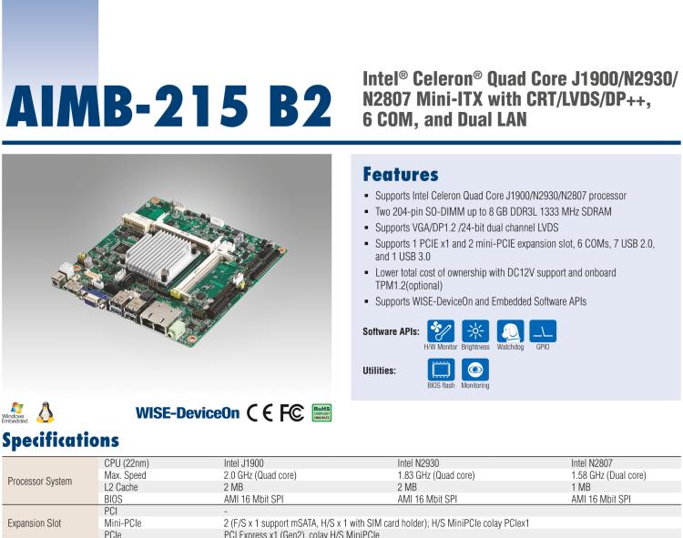 研華AIMB-215 板載Intel? 第4代 賽揚(yáng)處理器。豐富的擴(kuò)展，無風(fēng)扇設(shè)計(jì)，支持寬溫寬壓。