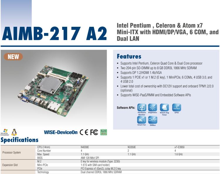 研華AIMB-217 板載Intel? 第6代 奔騰、賽揚(yáng)、凌動(dòng)系列處理器。擁有多COM和雙千兆網(wǎng)口，超薄緊湊，無(wú)風(fēng)扇設(shè)計(jì)，支持寬溫。