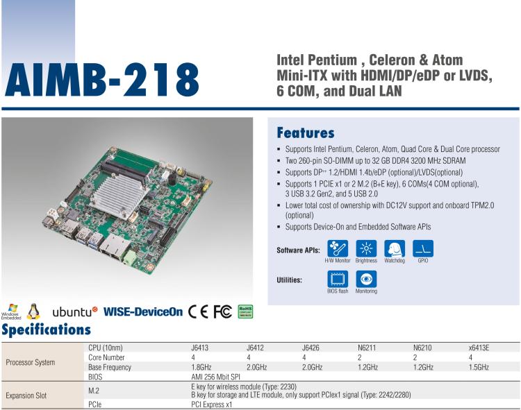 研華AIMB-218 板載Intel? 第8代 奔騰/賽揚(yáng)/凌動系列處理器。支持獨(dú)立三顯，超薄緊湊，無風(fēng)扇設(shè)計(jì)，支持寬溫。