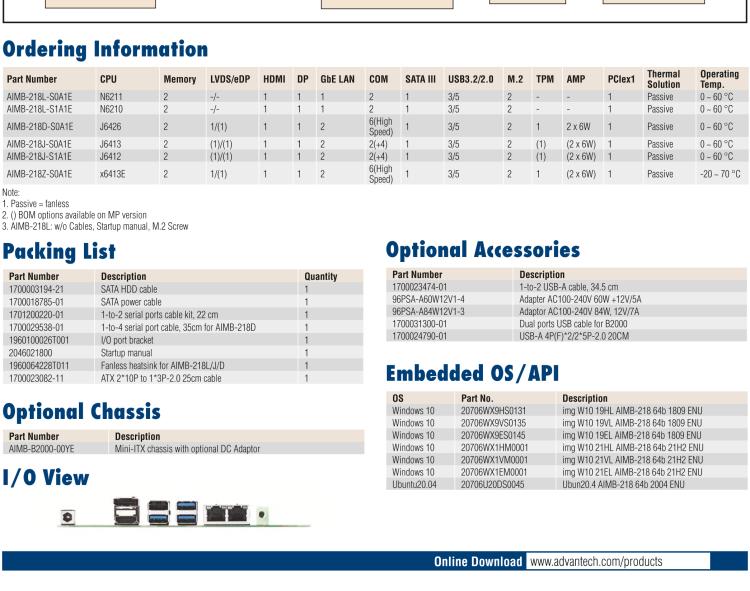 研華AIMB-218 板載Intel? 第8代 奔騰/賽揚(yáng)/凌動系列處理器。支持獨(dú)立三顯，超薄緊湊，無風(fēng)扇設(shè)計(jì)，支持寬溫。