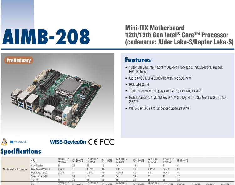 研華AIMB-208 適配Intel 第12/13代 Core i/奔騰系列處理器，搭載H110芯片組。高性價比，擁有豐富的擴展接口，通用性強，穩(wěn)定可靠。