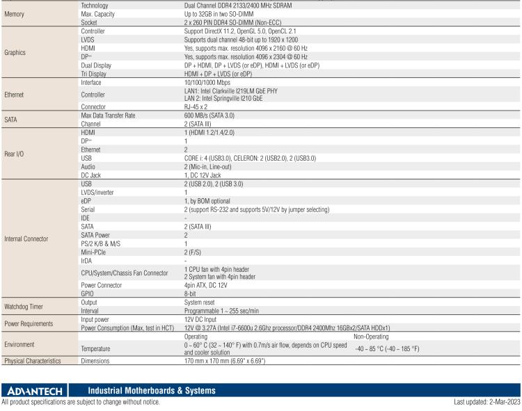 研華AIMB-232 板載Intel? 第6/7代 Core? i/賽揚(yáng) 處理器。超薄設(shè)計(jì)，無風(fēng)扇設(shè)計(jì)，支持寬溫。