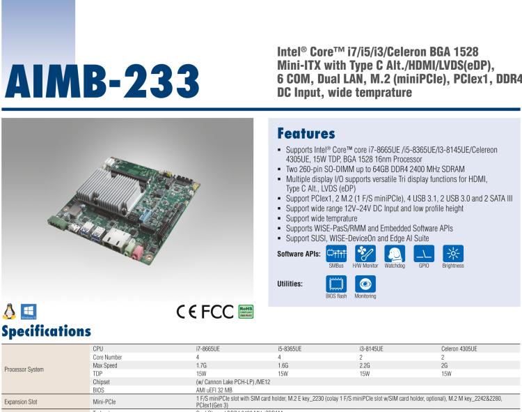 研華AIMB-233 板載Intel? 第8代 Core i 處理器。擁有Type C接口，滿足各類擴(kuò)展需求。低功耗，超薄緊湊，無風(fēng)扇設(shè)計(jì)，支持寬溫寬壓，性能強(qiáng)勁。