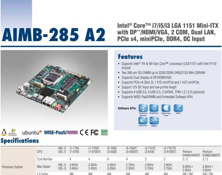 研華AIMB-285 適配Intel? 第6/7代 Core? i 處理器，搭載H110芯片組。超薄緊湊，是理想的高性價(jià)比解決方案。