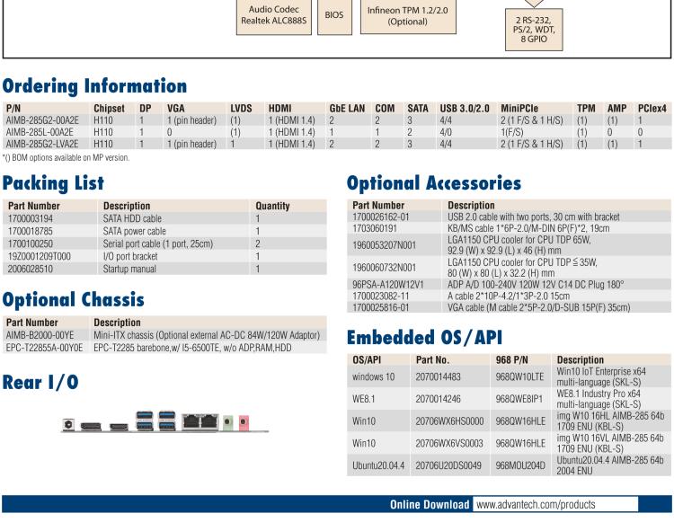 研華AIMB-285 適配Intel? 第6/7代 Core? i 處理器，搭載H110芯片組。超薄緊湊，是理想的高性價(jià)比解決方案。