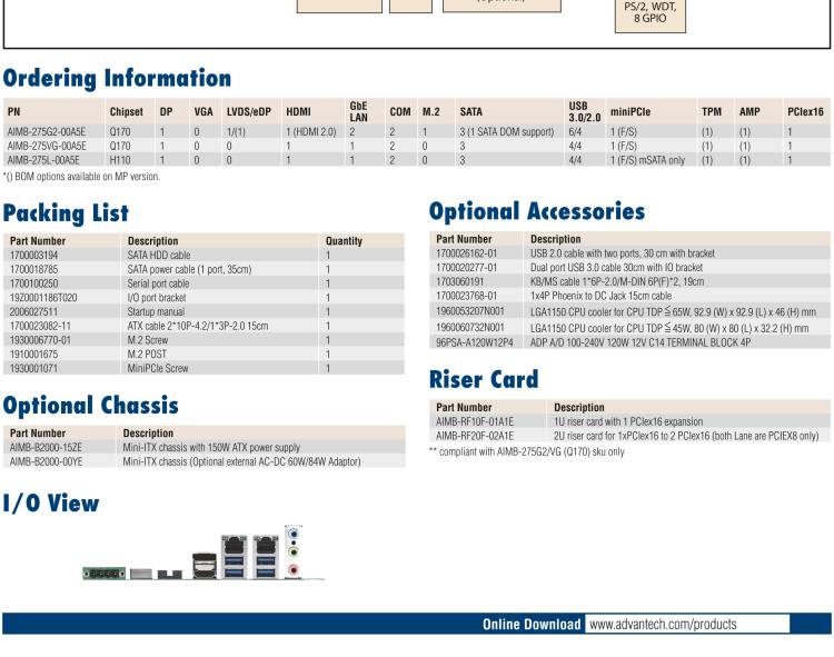 研華AIMB-275 適配Intel? 第6/7代 Core? i 處理器，搭載Intel Q170/H110芯片組。性能強(qiáng)勁，接口豐富。