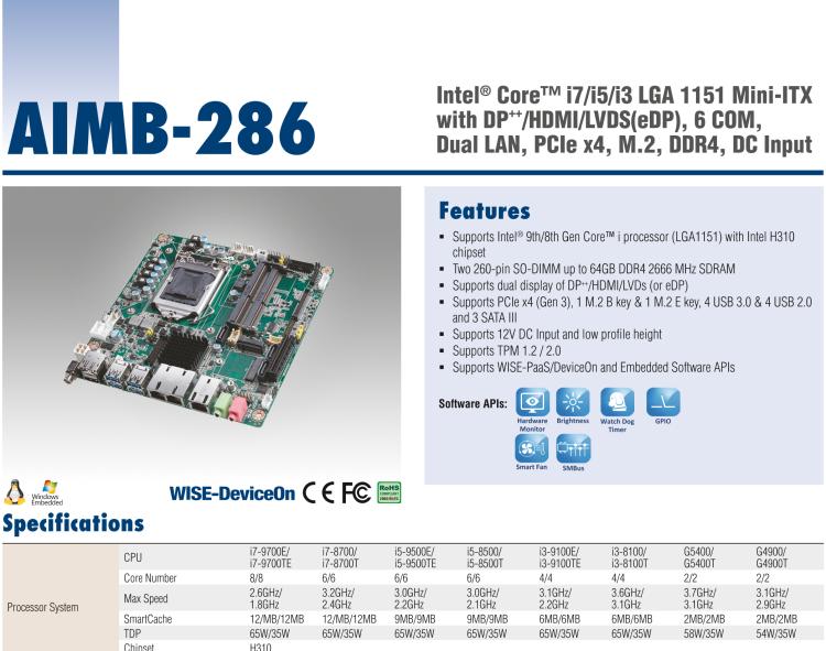 研華AIMB-286 Intel? 第8/9代 Core? i 系列處理器，搭載Intel H310芯片組。超薄設(shè)計，結(jié)構(gòu)緊湊。