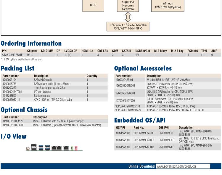 研華AIMB-286EF 適配Intel 第8/9代 Core i 處理器，搭載Intel H310芯片組。擁有1個(gè)PCIe x16插槽。超薄設(shè)計(jì)，接口豐富，是高端應(yīng)用中的高性價(jià)比方案。