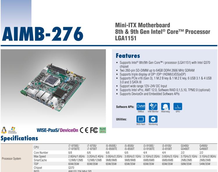 研華AIMB-276 適配Intel 第8/9代 Core?i7/i5/i3 處理器，搭載Q370芯片組。超高性能，是邊緣計(jì)算、AI視頻檢測(cè)等理想解決方案。