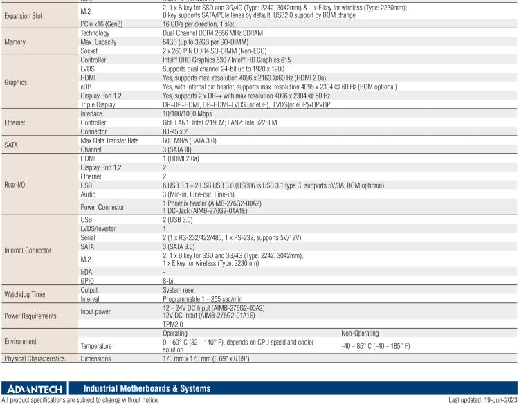 研華AIMB-276 適配Intel 第8/9代 Core?i7/i5/i3 處理器，搭載Q370芯片組。超高性能，是邊緣計(jì)算、AI視頻檢測(cè)等理想解決方案。