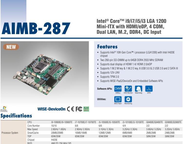 研華AIMB-287 適配Intel? 第10代 Core? i 系列處理器，搭載H420E芯片組。超薄設計，性能強勁。