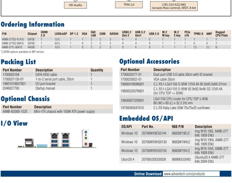 研華AIMB-277 適配Intel? 第10代 Core? i 系列處理器，搭載Q470E芯片組。性能強(qiáng)勁，適用于高端應(yīng)用領(lǐng)域。