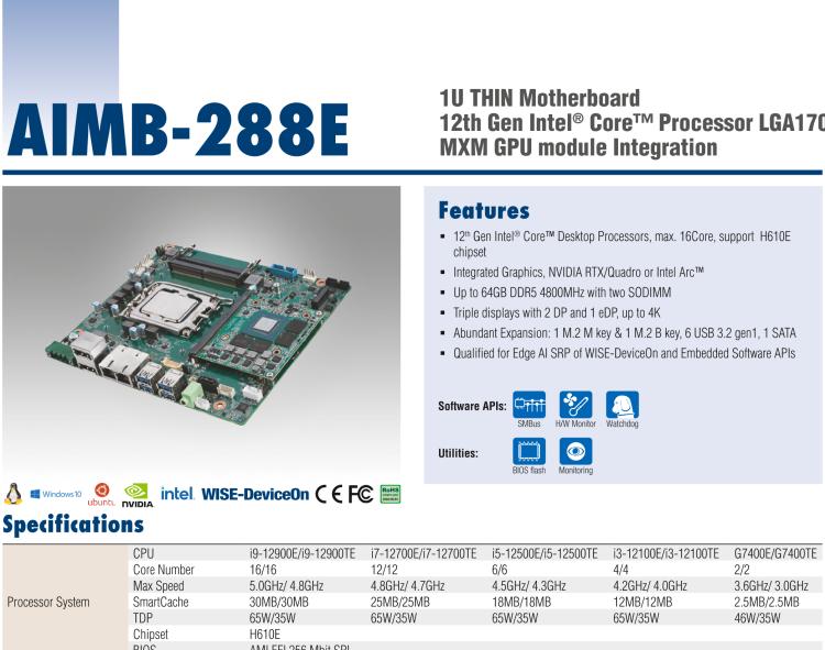 研華AIMB-288E 板載Intel 第12代 Core i 桌面級CPU。橫向顯卡插槽，搭配NVIDIA Quadro T1000 MXM顯卡。超薄散熱設計，高性能選擇方案。