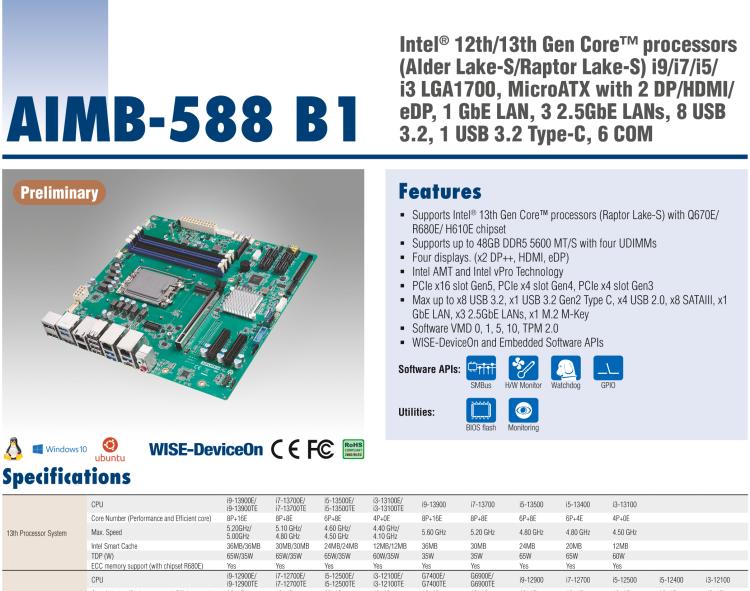 研華AIMB-588B1 適配Intel 第12/13代 Core i/奔騰系列處理器，搭載Q670E/R680E/H610E芯片組。性能可達(dá)服務(wù)器級(jí)別，獨(dú)立四顯，具備專(zhuān)業(yè)的圖像處理能力，是理想的行業(yè)解決方案。