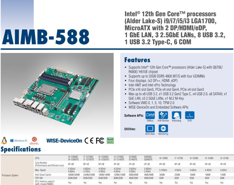 研華AIMB-588 適配Intel 第12代 Core i 系列處理器，搭載Q670E/ R680E/ H610E芯片組。高性能可達(dá)服務(wù)器級(jí)別高端產(chǎn)品，獨(dú)立四顯，專業(yè)的圖像處理能力，是理想的行業(yè)解決方案。