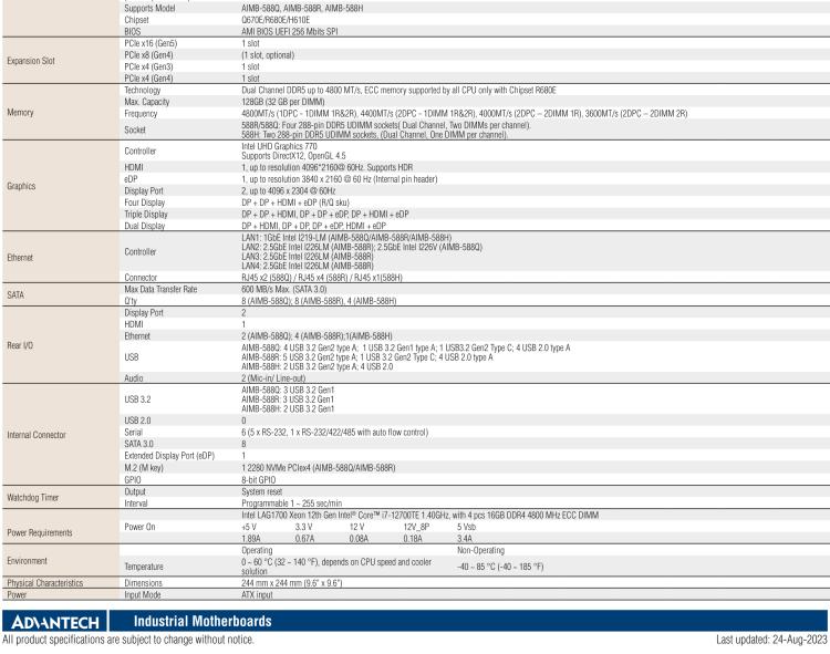 研華AIMB-588 適配Intel 第12代 Core i 系列處理器，搭載Q670E/ R680E/ H610E芯片組。高性能可達(dá)服務(wù)器級(jí)別高端產(chǎn)品，獨(dú)立四顯，專業(yè)的圖像處理能力，是理想的行業(yè)解決方案。