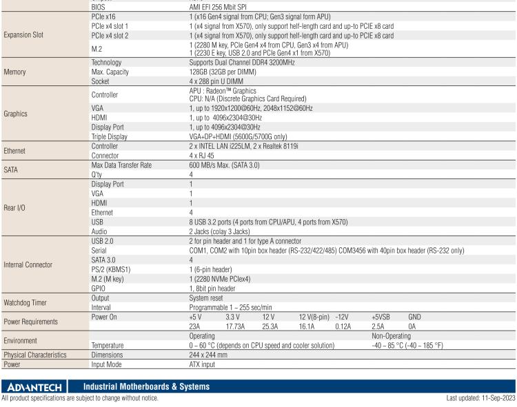 研華AIMB-522 適配AMD Ryzen? AM4 5000系列處理器，搭載X570芯片組。具有豐富接口，雙千兆網(wǎng)口和雙2.5GbE網(wǎng)口設(shè)計(jì)，用于自動化和人工智能圖像處理等高端行業(yè)。