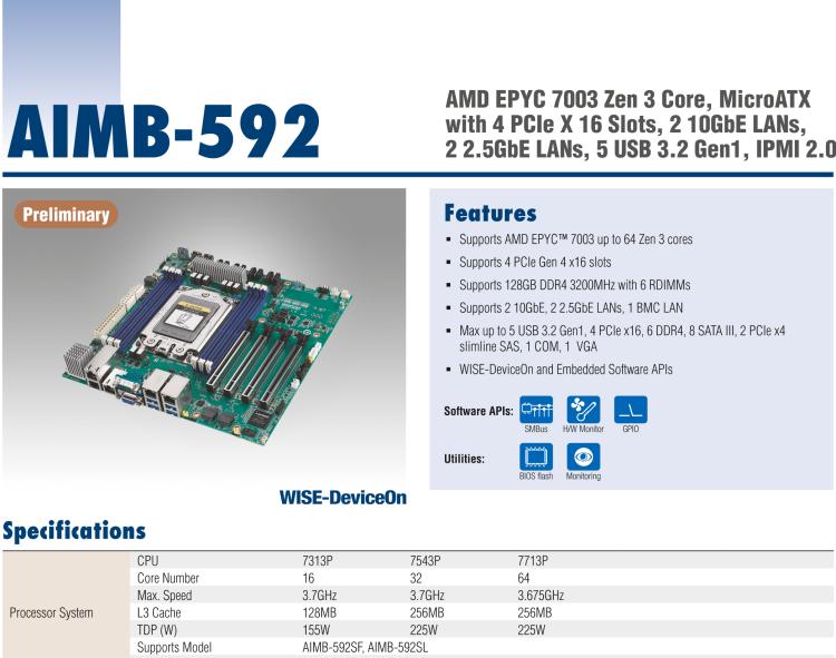 研華AIMB-592 適配AMD EPYC 7003系列處理器。性能達到服務(wù)器級別，4路PCIe x16滿足各類拓展需求，可做小型工作站、小型視覺圖像處理服務(wù)器使用。