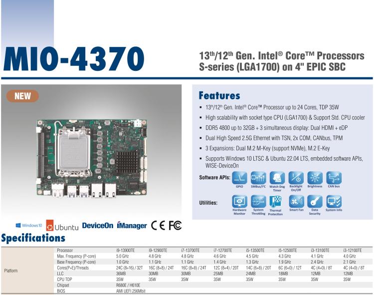 研華MIO-4370 基于第12代Intel Core處理器（Alder Lake-S系列，LGA1700 socket CPU）， 4" EPIC 單板電腦