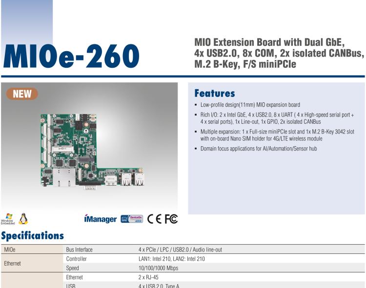 研華MIOe-260 M.2 B-key，高速 miniPCIe，雙Intel LAN，4個USB2.0、8個COM