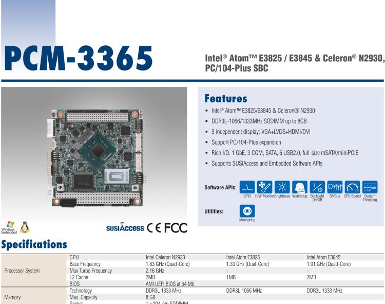 研華PCM-3365 英特爾第四代凌動(dòng)?Atom?E3825 / E3845＆賽揚(yáng)?N2930，PC / 104-Plus嵌入式主板，ISA，VGA，HDMI / DVI，LVDS，6 USB，mSATA或板載SSD