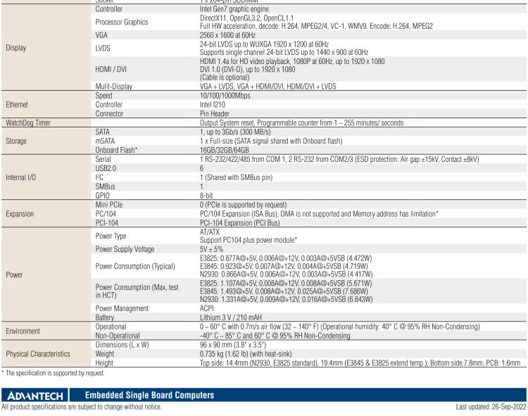 研華PCM-3365 英特爾第四代凌動(dòng)?Atom?E3825 / E3845＆賽揚(yáng)?N2930，PC / 104-Plus嵌入式主板，ISA，VGA，HDMI / DVI，LVDS，6 USB，mSATA或板載SSD