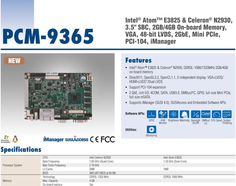 研華PCM-9365 第四代ATOM PCI-104 3.5寸主板, 搭載E3825，N2930 CPU，2GB/4GB內(nèi)存在板，VGA, 18/24-bit LVDS, 2GbE, Mini PCIe, PCI-104, iManager