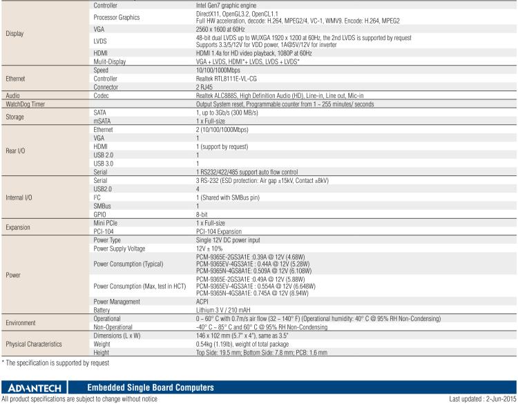 研華PCM-9365 第四代ATOM PCI-104 3.5寸主板, 搭載E3825，N2930 CPU，2GB/4GB內(nèi)存在板，VGA, 18/24-bit LVDS, 2GbE, Mini PCIe, PCI-104, iManager