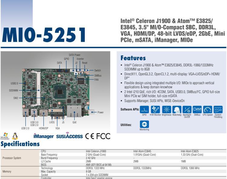 研華MIO-5251 3.5寸MIO單板電腦，采用嵌入式 Intel? Atom? E3825 &Intel? J1900處理器