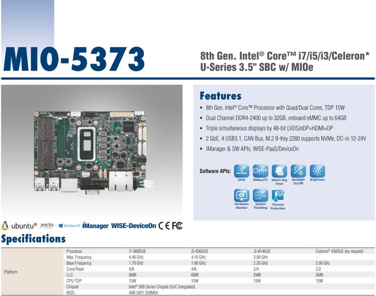 研華MIO-5373 第八代 Intel 低功耗高性能 超極本CPU 3.5寸嵌入式單板，性能提升40%