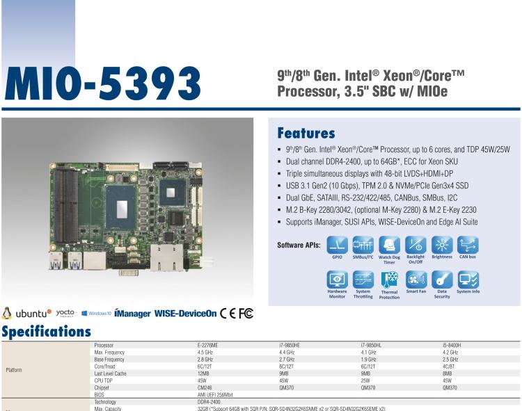 研華MIO-5393 第九代Intel 高性能筆記本CPU 3.5寸小尺寸嵌入式單板，性能提升25%，TDP 45W/25W，支持DDR4 64GB內存，2LAN, 4USB 3.1，M.2 2280 Key支持NVMe，-40-85℃寬溫