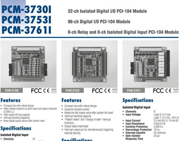 研華PCM-3730I PCI-104，2通,32通道隔離數(shù)字輸入/輸出卡