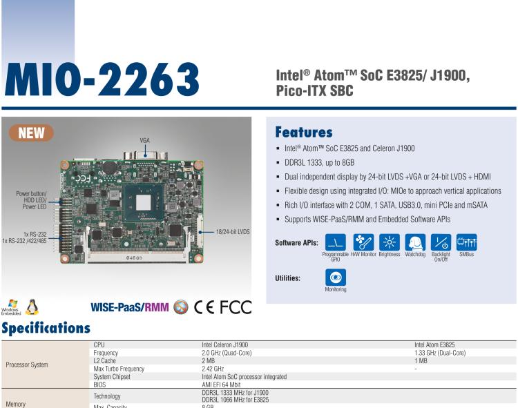 研華MIO-2263 2.5寸Pico-ITX主板，搭載Intel? Atom? SoC E3825/ J1900處理器的2.5寸Pico-ITX單板電腦，采用DDR3L內(nèi)存，支持24-bit LVDS + VGA/HDMI獨(dú)立雙顯，帶有豐富I/O接口：1個GbE、半長Mini PCIe、4個USB、2個COM、SMBus、mSATA & MIOe