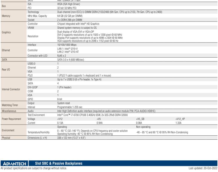 研華PCA-6029 LGA1151 6th and 7th Generation Intel? Core? i7/i5/i3/Pentium/Celeron System Host Board with VGA/DVI/DP and Dual GbE LAN