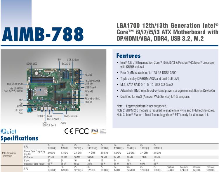 研華AIMB-788 LGA1700 12th/13th Generation Intel? Core? i9/i7/i5/i3 ATX Motherboard with DP/HDMI/VGA, DDR4, USB 3.2, M.2