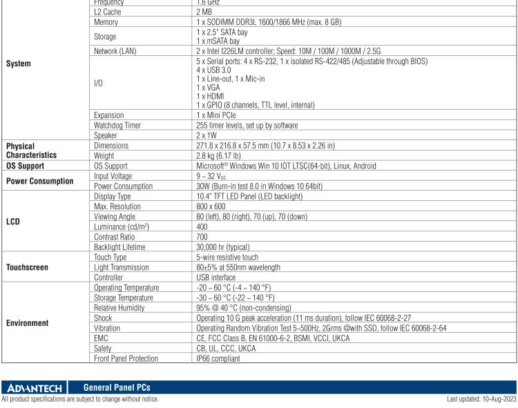 研華PPC-3100-RE9A 10.4"無風扇平板電腦, 搭載Intel? Atom? E3940 四核心處理器