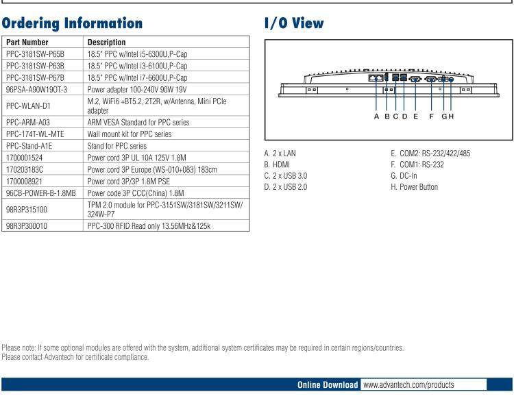 研華PPC-3181SW 18.5" 無(wú)風(fēng)扇工業(yè)平板電腦, 搭載 Intel? Core? 第六代處理器