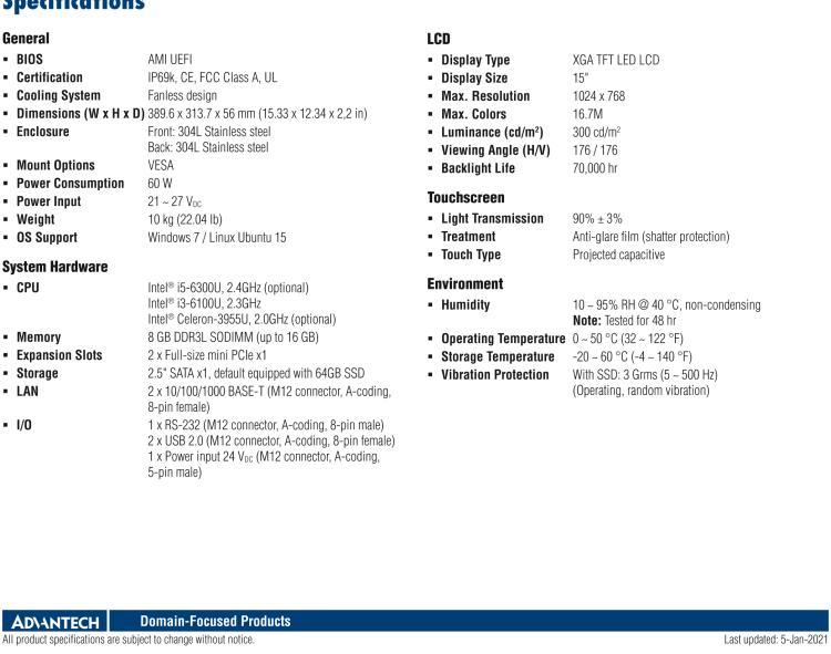 研華SPC-515 具有不銹鋼外殼和IP69K防護(hù)等級的15英寸XGA TFT LED LCD多點觸摸工業(yè)平板電腦