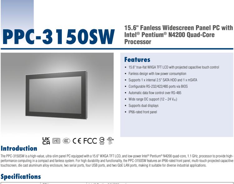 研華PPC-3150SW 15.6" 寬屏無(wú)風(fēng)扇工業(yè)平板電腦，搭載 Intel? Pentium? N4200 四核心處理器