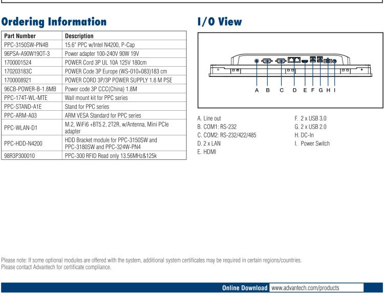 研華PPC-3150SW 15.6" 寬屏無(wú)風(fēng)扇工業(yè)平板電腦，搭載 Intel? Pentium? N4200 四核心處理器