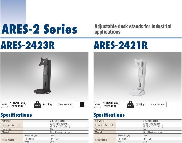 研華ARES-2423S ARES-2423S is a height-adjusting desk stand compatible with 75x75/100x100 mm VESA patterns. It can tilt -5° (down) ~ +20° (up) and screens up to 34".