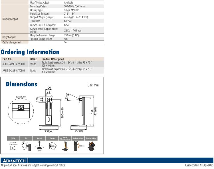 研華ARES-2423S ARES-2423S is a height-adjusting desk stand compatible with 75x75/100x100 mm VESA patterns. It can tilt -5° (down) ~ +20° (up) and screens up to 34".