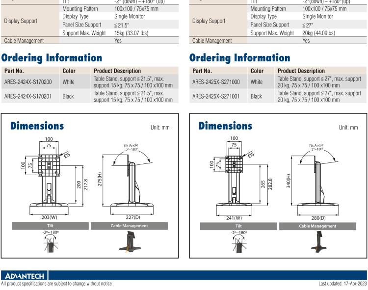 研華ARES-2423X ARES-2423X is a desk stand compatible with 75x75 mm and 100x100 mm VESA patterns. It can tilt -2° (down) ~ +180° (up) and screens up to 17".